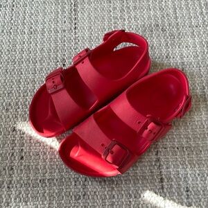 Little kids red rubber Birkenstocks, size EU 29
